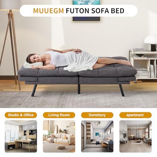 Convertible Memory Foam Futon Couch Bed, Adjustable Backrests Armrests Sleeper Sofa, Modern Love Seat Daybed for Living Room, Small Space, Office, 71, Linen Grey