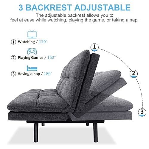 Modern Memory Foam Futon Sofa Bed with Adjustable Armrests and Backrest for Living Room, Apartment, Dorm, Office - Grey Linen