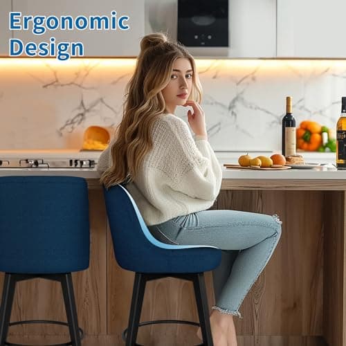Modern Swivel Bar Stools, Upholstered Counter Height Bar Stool with Back, Navy Fabric, Set of 2