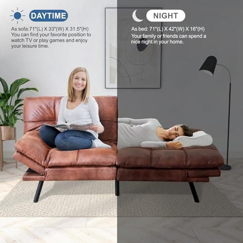 Memory Foam Futon Sofa Bed with Adjustable Backrest and Armrest, Perfect for Living Room, Studios, Apartments, Dormitories, Offices, and Game Rooms in Brown Leather