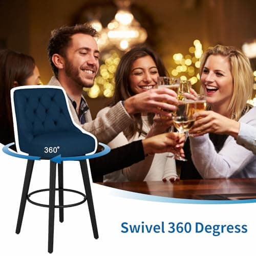 Modern Swivel Bar Stools, Upholstered Counter Height Bar Stool with Back, Navy Fabric, Set of 2