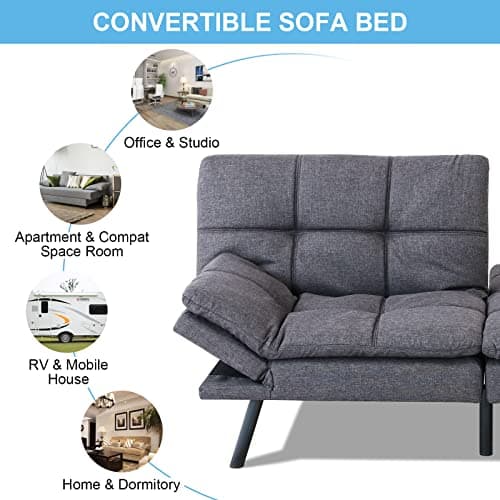 Modern Memory Foam Futon Sofa Bed with Adjustable Armrests and Backrest for Living Room, Apartment, Dorm, Office - Grey Linen
