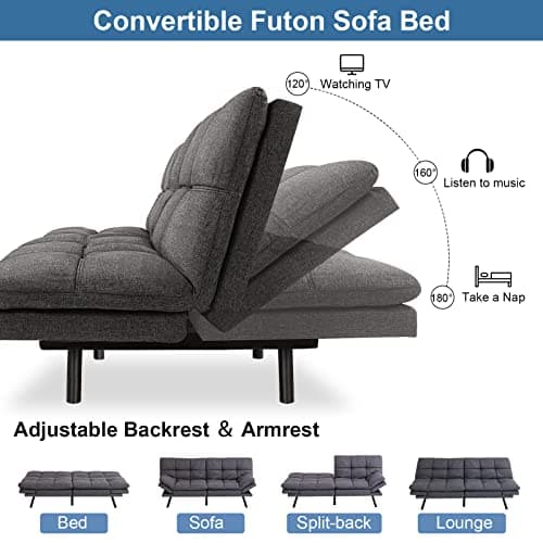 Adjustable Futon Couch Bed with Memory Foam - Dark Grey