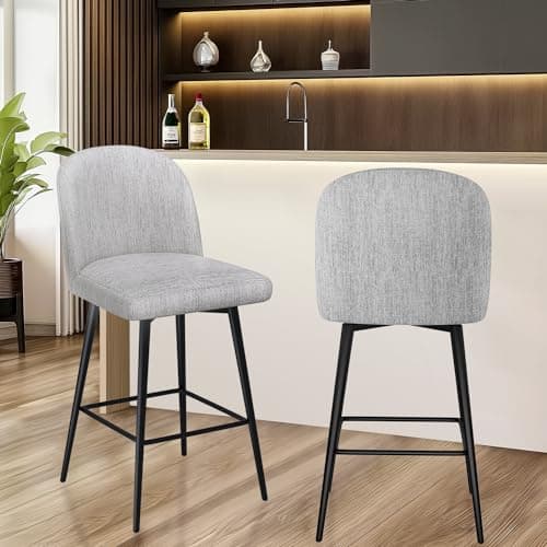 Modern Swivel Bar Stools, Upholstered Counter Height Bar Stool with Back, Navy Fabric, Set of 2