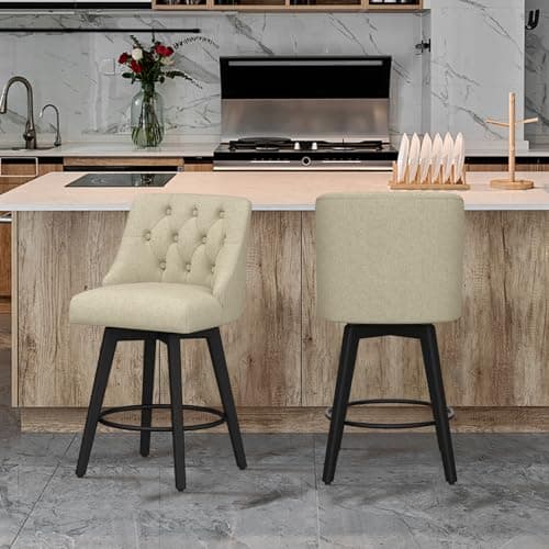 Modern Swivel Bar Stools Set of 2, Fabric Upholstered Counter Height with Back, Solid Wood Legs, Wheat