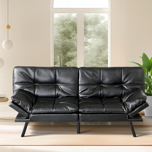 Memory Foam Futon Sofa Bed, Convertible Couch for Compact Spaces, Office and Apartment, Black Faux Leather