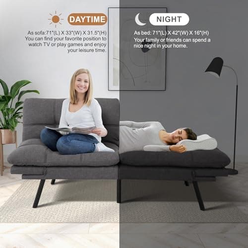 Memory Foam Futon Sofa Bed for Small Spaces - Grey Fabric