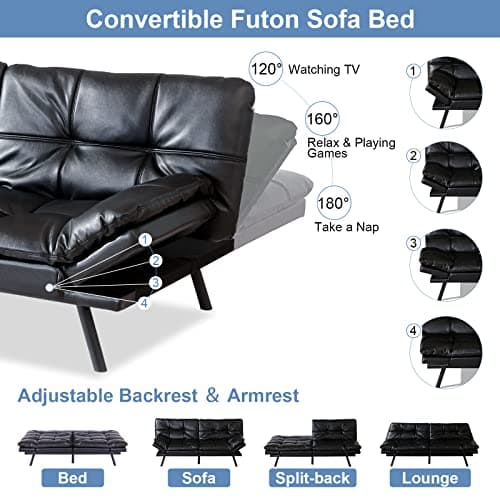 MUUEGM Futon Sofa Bed Memory Foam Couch Sleeper Foldable Love seat Adjustable Arm&Back Sofabed, Black-New