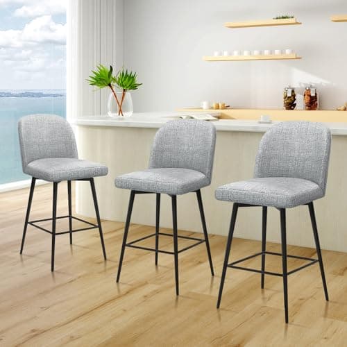 Modern Swivel Bar Stools Set of 2, High Back 30 Height with Metal Legs, Light Grey Linen Fabric Counter Height Bar Chair for Bar, Kitchen, Dining Room