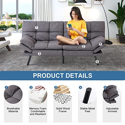 Adjustable Futon Couch Bed with Memory Foam - Dark Grey