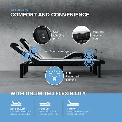 Adjustable Queen Bed Frame with Storage, Massage, Zero G, USB Charging, and Wireless Remote