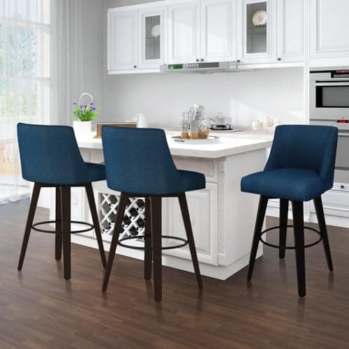 360°Swivel Navy Blue Bar Stools Set of 2 with Wooden Legs and Back for Kitchen Island and Bar