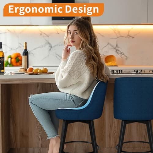 Thickened Upholstered Counter Stools Set of 2 with Swivel, Backs and Solid Wood Legs for Bar, Kitchen Island, Dining Room in Navy Blue
