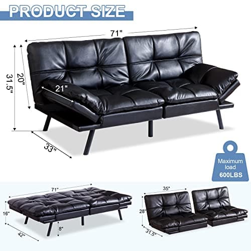 MUUEGM Futon Sofa Bed Memory Foam Couch Sleeper Foldable Love seat Adjustable Arm&Back Sofabed, Black-New