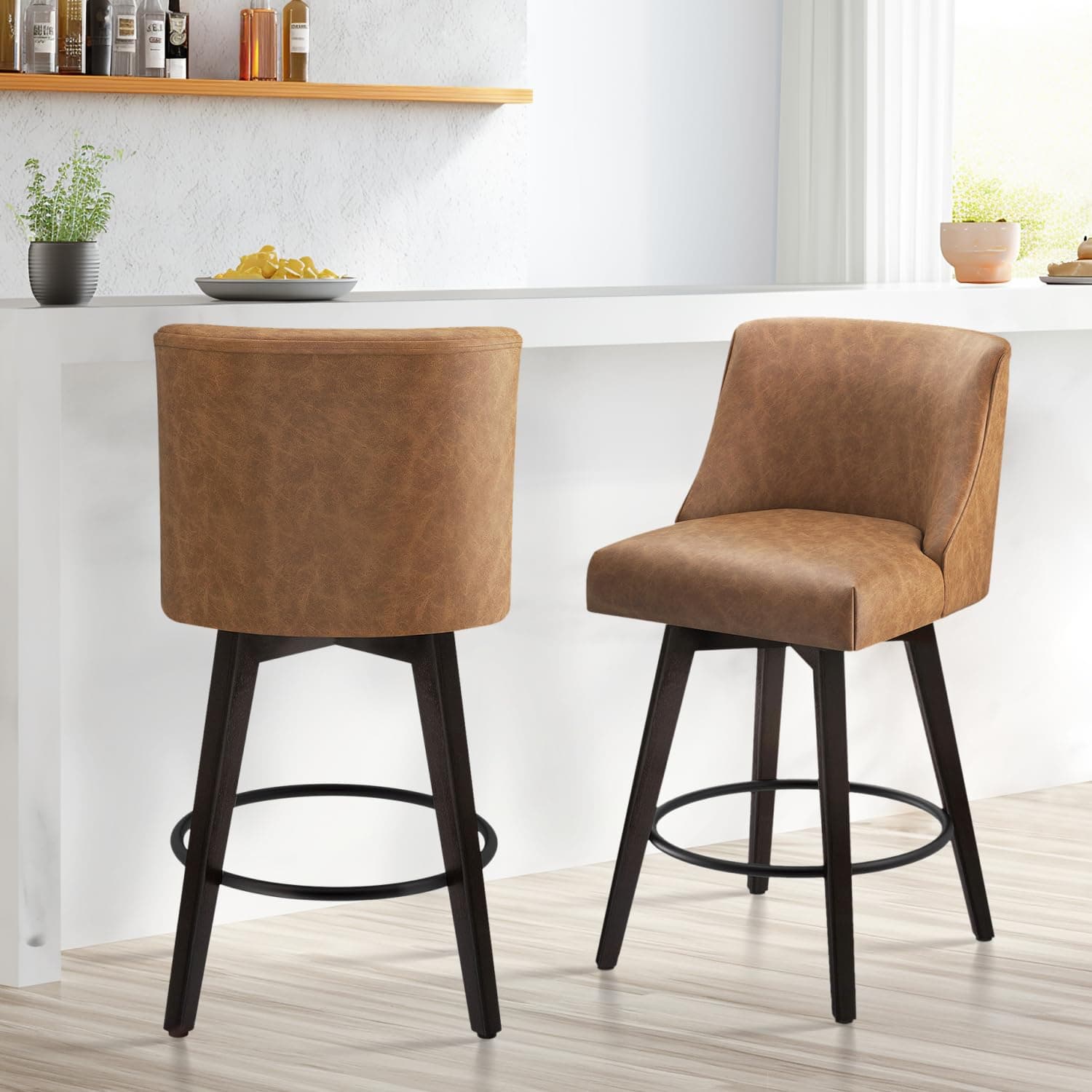 Modern Swivel Bar Stools Set of 2 with High Backrest, Faux Leather for Bar, Kitchen - Sienna Brown