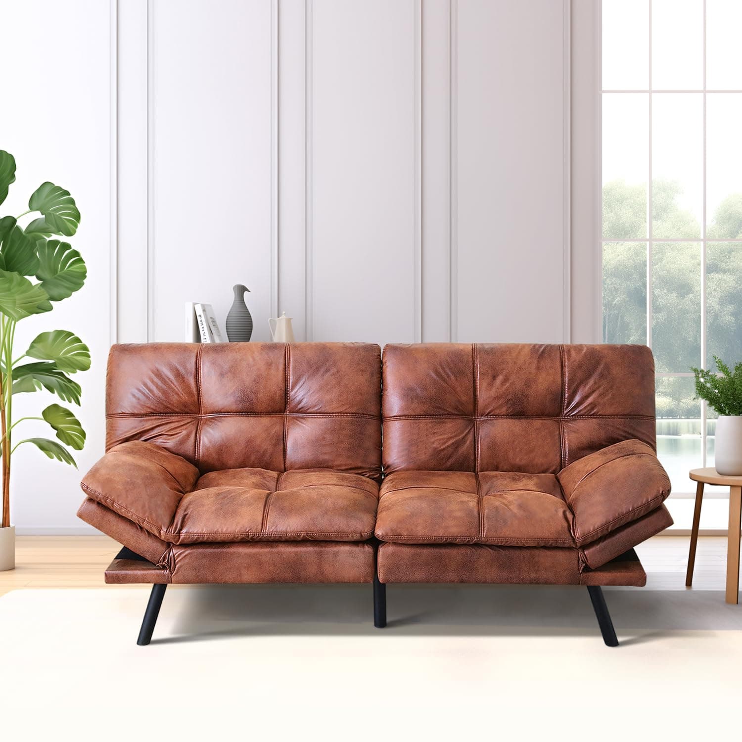 Memory Foam Futon Sofa Bed with Adjustable Backrest and Armrest, Perfect for Living Room, Studios, Apartments, Dormitories, Offices, and Game Rooms in Brown Leather