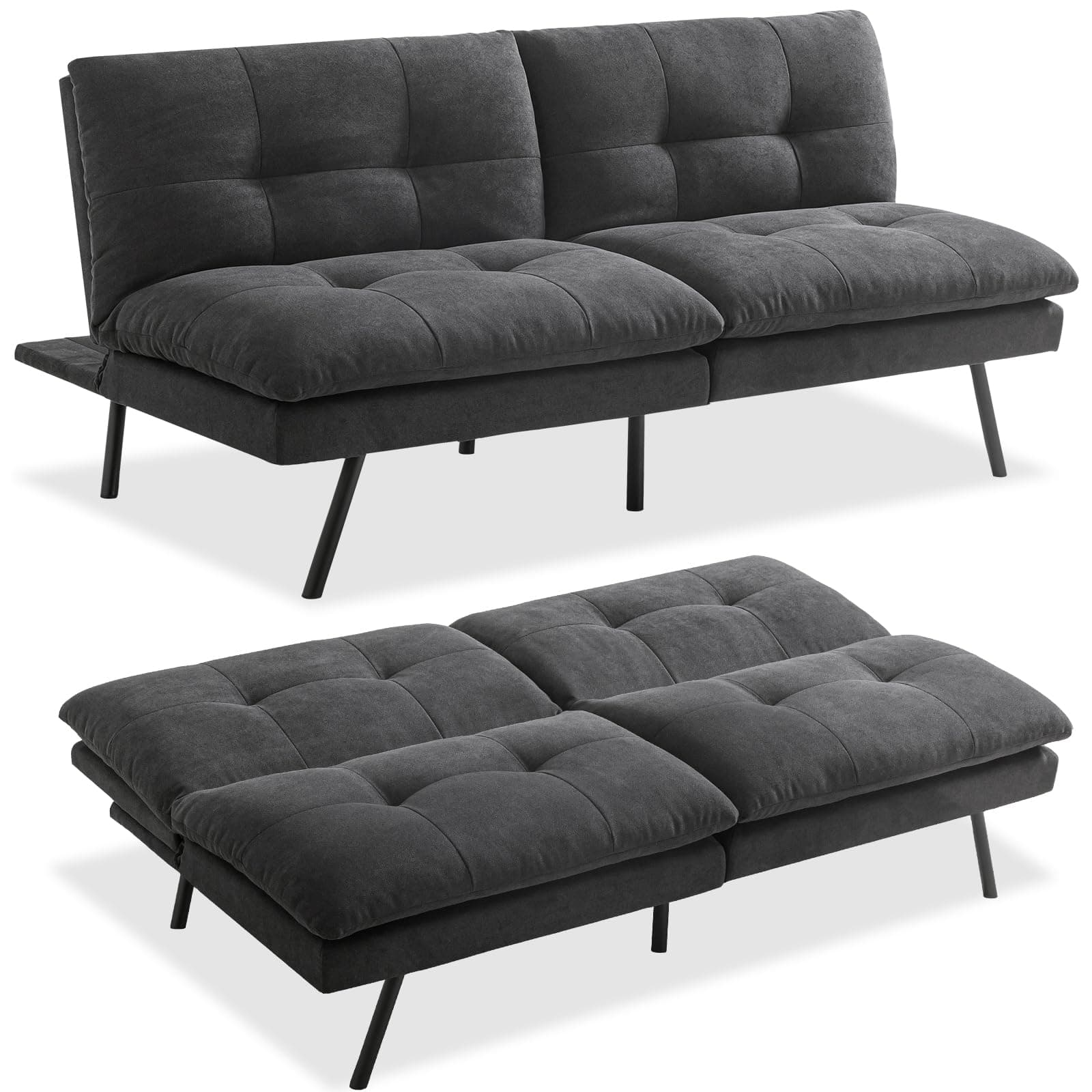MUUEGM Convertible Futon Sofa Bed, Memory Foam Couch with Adjustable Backrest, Loveseat, Folding Sleeper Bed, Dark Grey