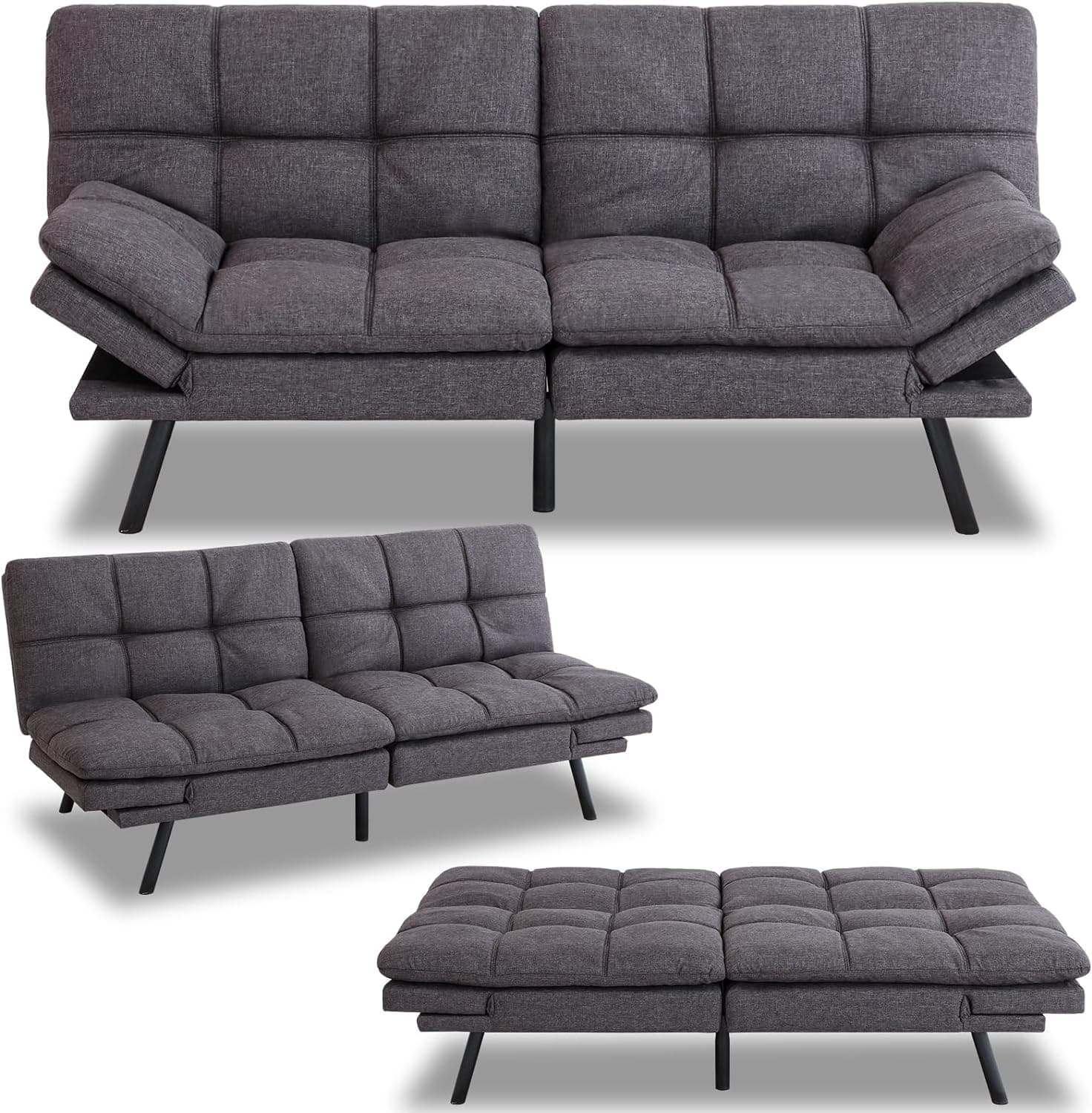 Memory Foam Futon Sofa Bed, Convertible Sleeper Love seat for Living Room, Office, Small Space, Apartment, Dormitory, Adjustable Backrests and Armrests
