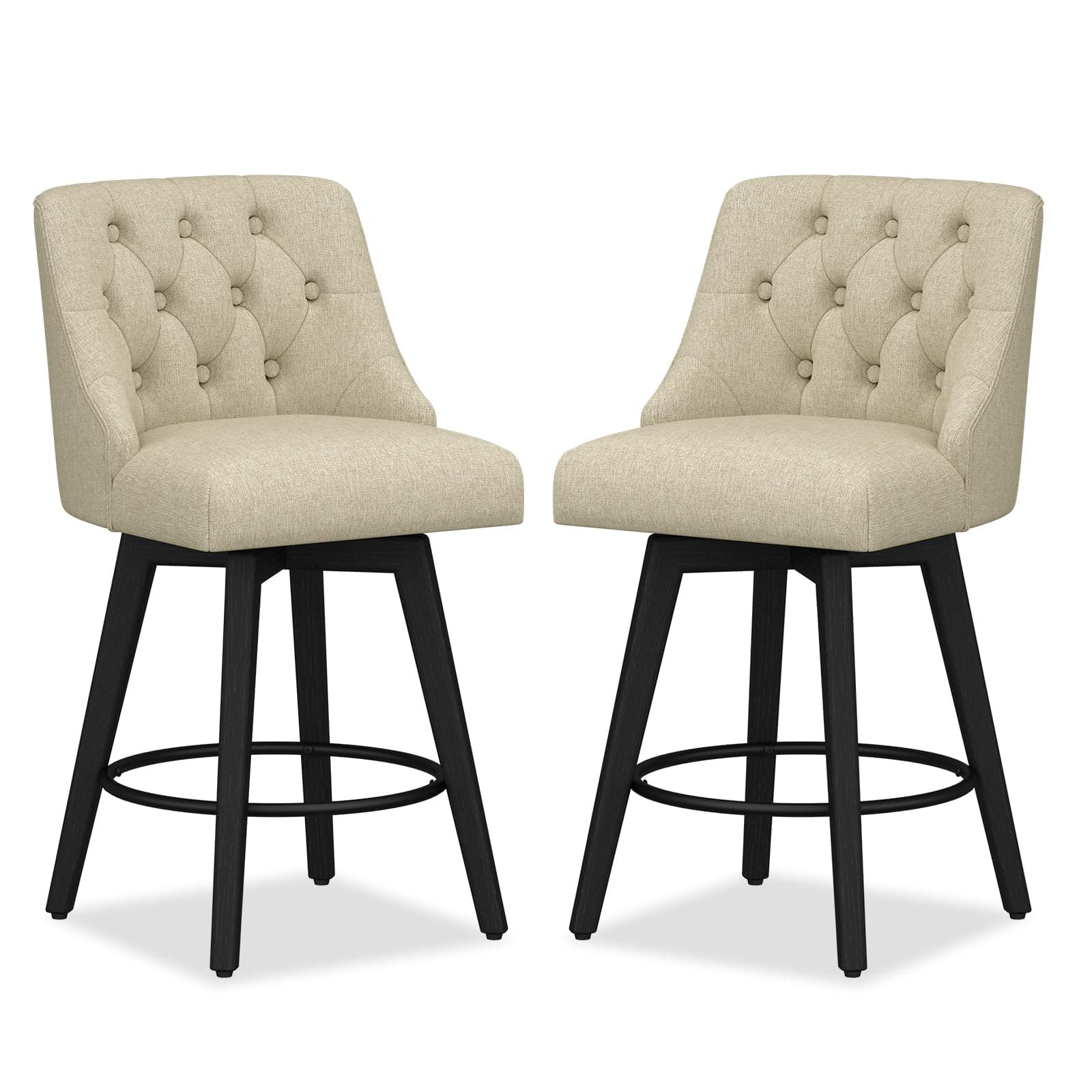 Modern Swivel Bar Stools Set of 2, Fabric Upholstered Counter Height with Back, Solid Wood Legs, Wheat
