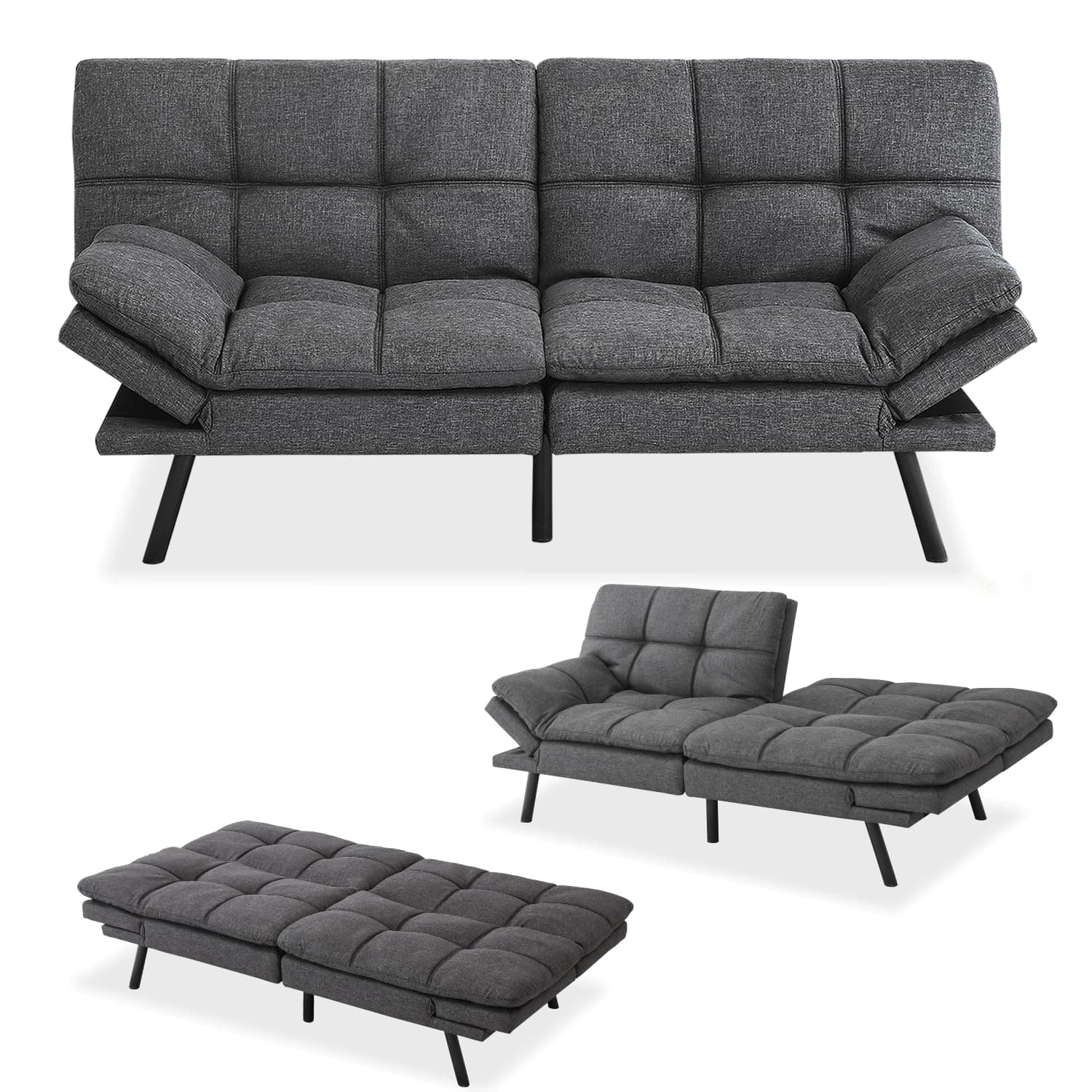 Memory Foam Futon Sofa Bed for Living Room, Adjustable Backrest Sleeper Twin Couch for Apartment