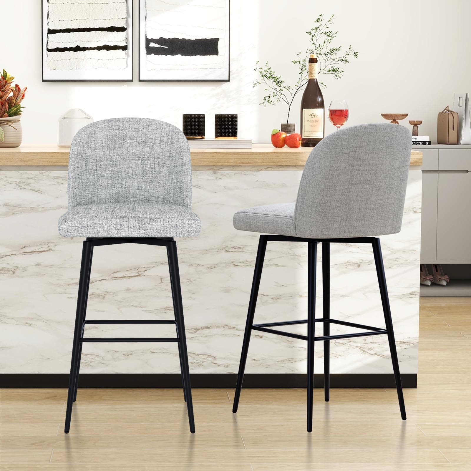 Modern Swivel Bar Stools Set of 2, High Back 30 Height with Metal Legs, Light Grey Linen Fabric Counter Height Bar Chair for Bar, Kitchen, Dining Room