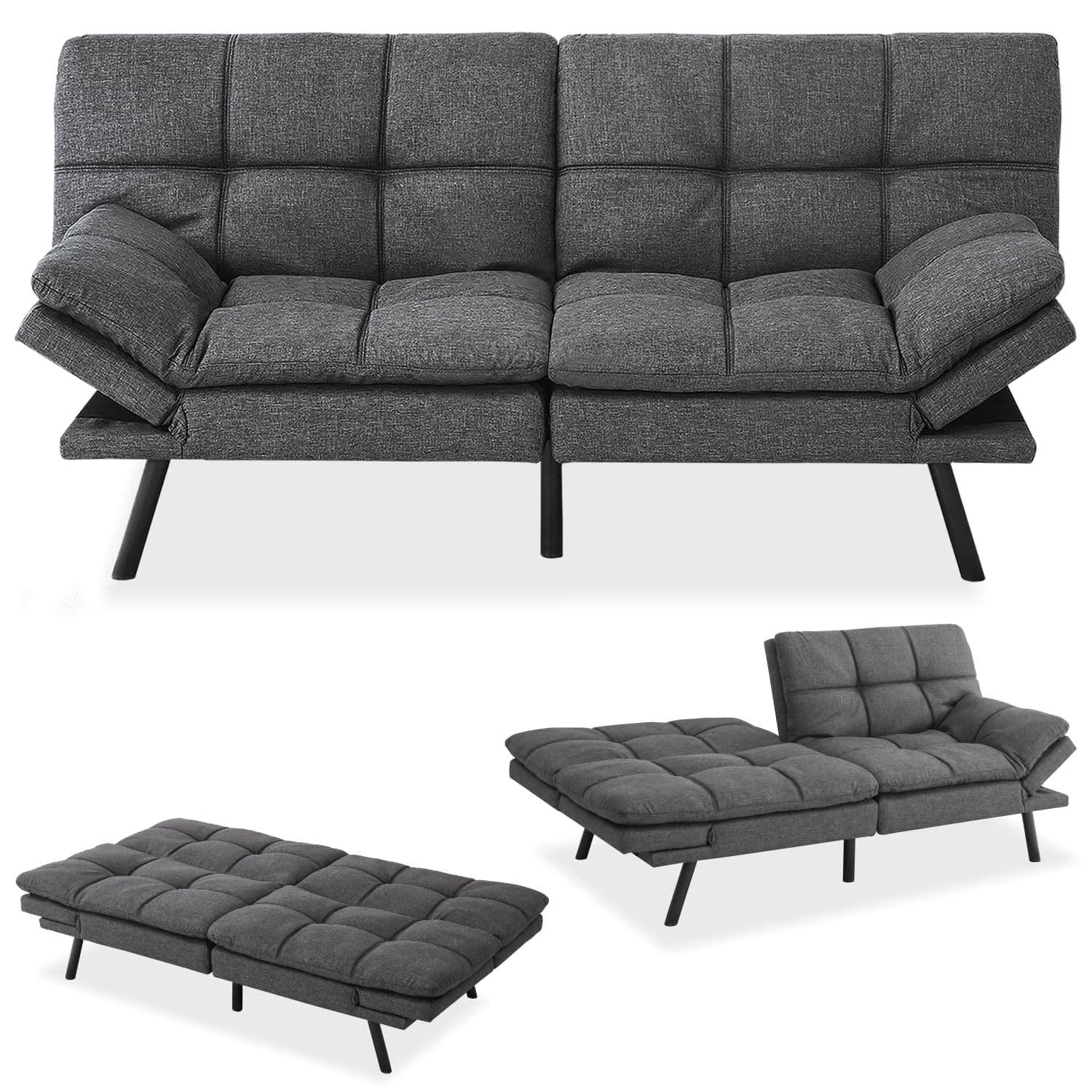 MUUEGM 71 Futon Couch with Memory Foam and Adjustable Backrest - Dark Grey