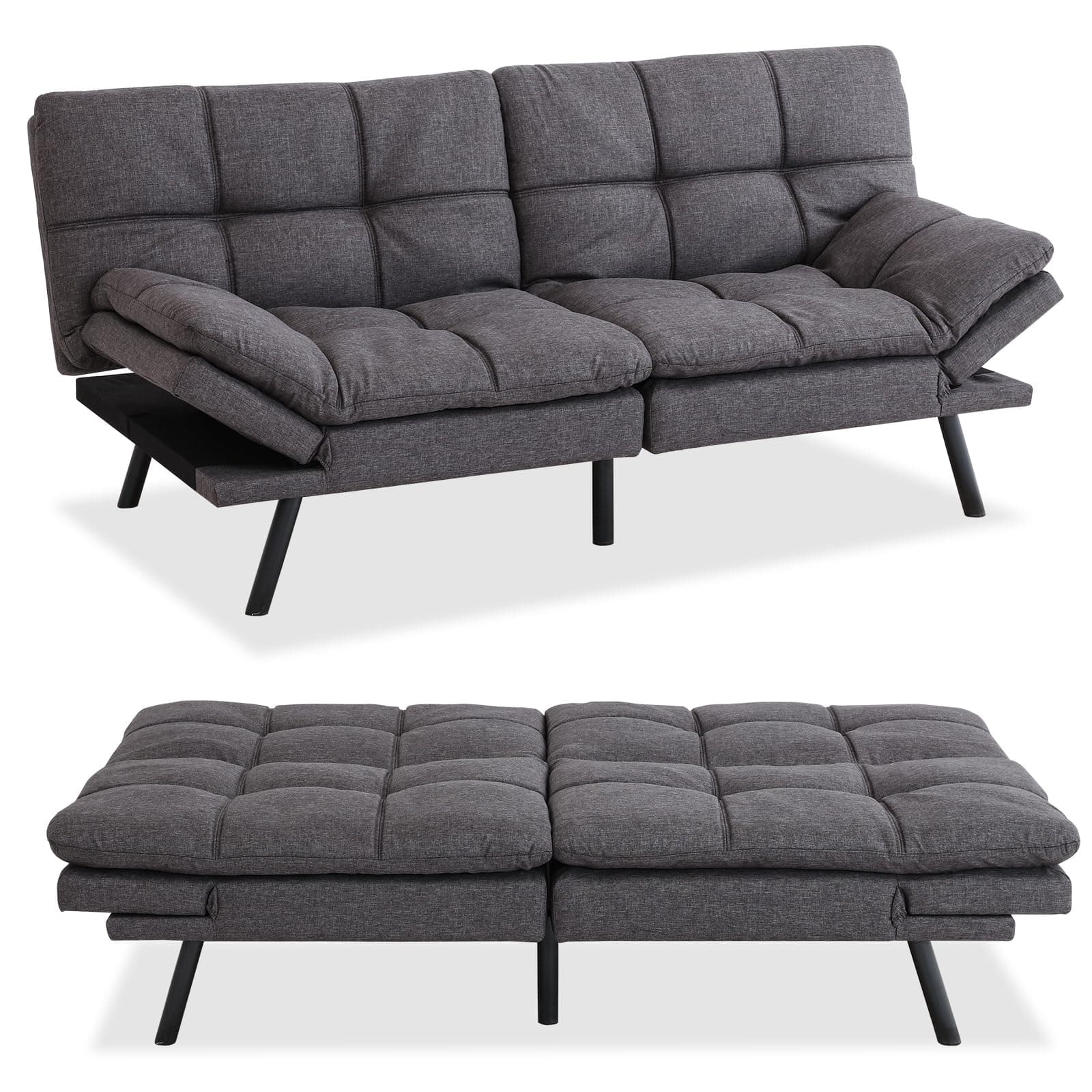 Convertible Memory Foam Futon Sofa Bed with Adjustable Armrests, Modern Love Seat for Living Room, Small Room, and Office