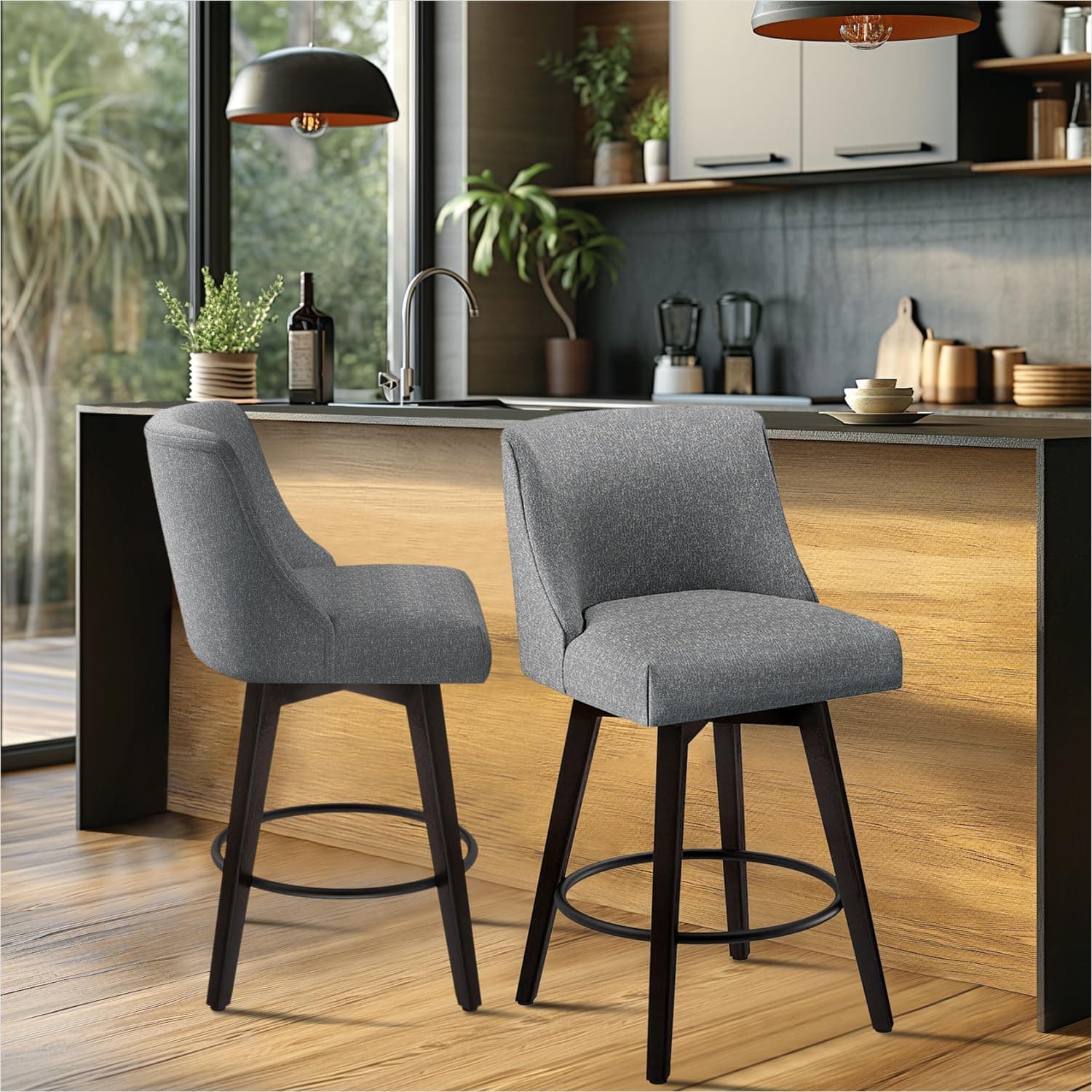 Set of 2 Swivel Counter Height Bar Stools With Back, Solid Wood Stand, Faux Leather Upholstery, Dark Grey