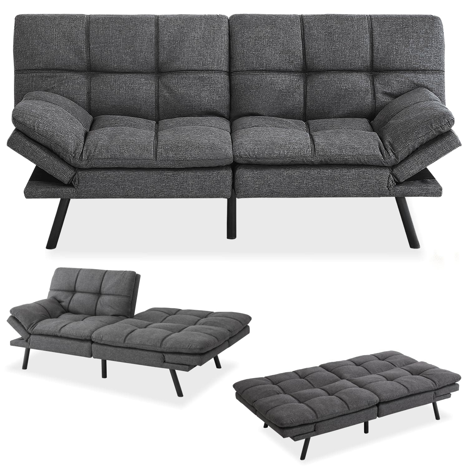 MUUEGM Futon Couch with Memory Foam - 71 Sofa Bed for Living Room, Adjustable Backrest, Dark Grey
