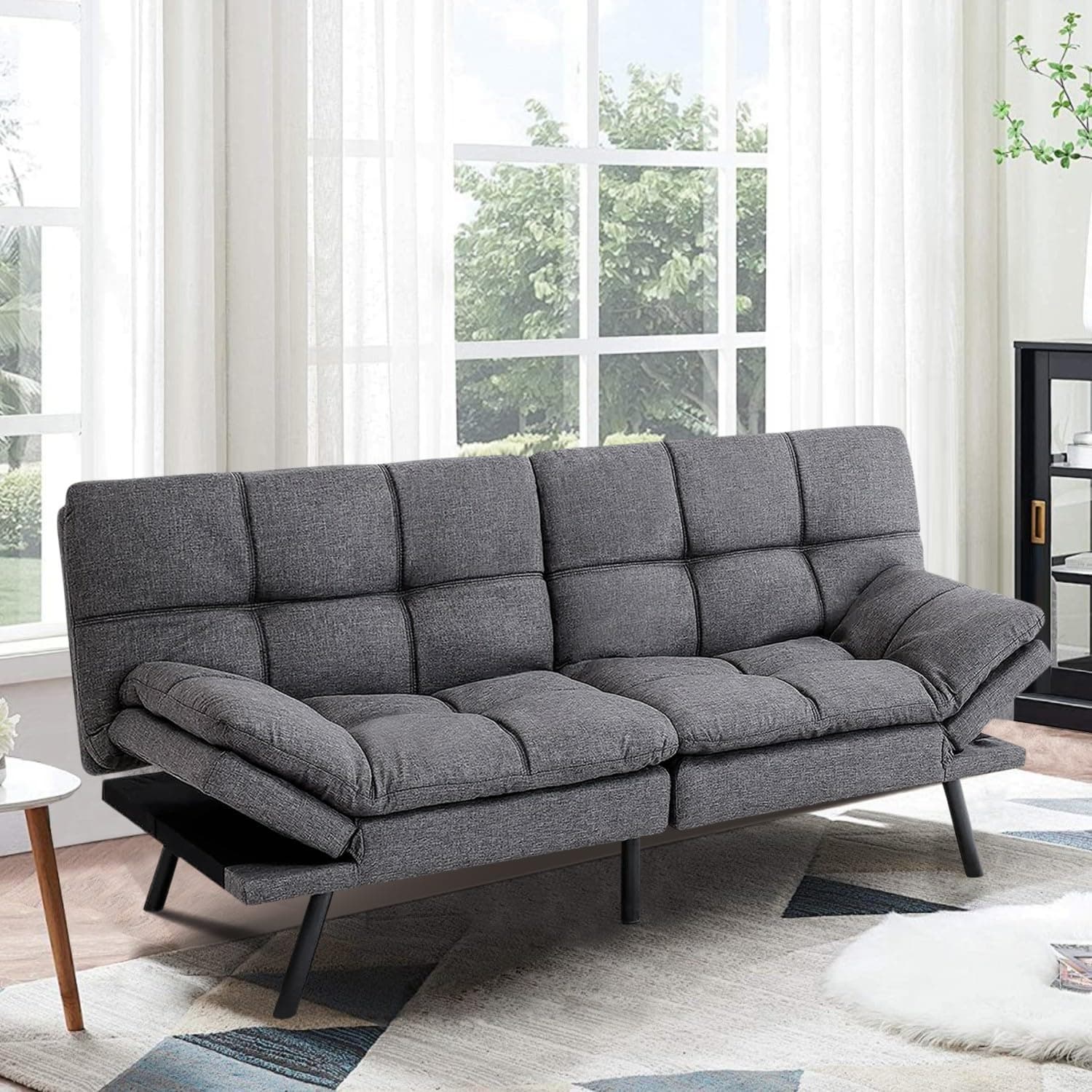 MUUEGM Futon Sofa Bed with Adjustable Backrest, Dark Grey