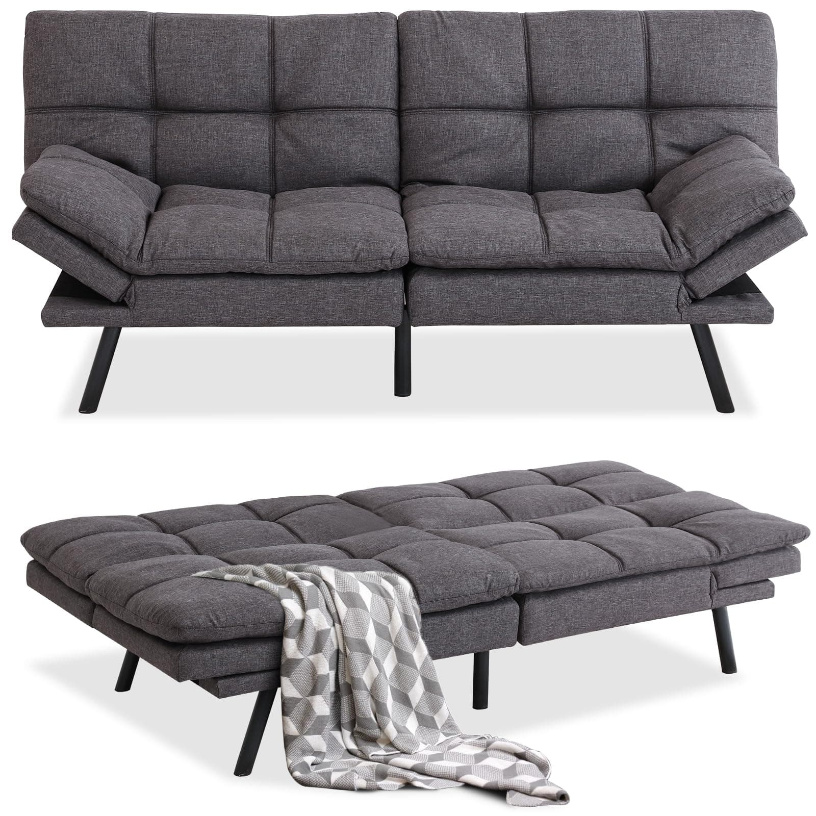 Convertible Memory Foam Futon Couch Bed, Adjustable Backrests Armrests Sleeper Sofa, Modern Love Seat Daybed for Living Room, Small Space, Office, 71, Linen Grey