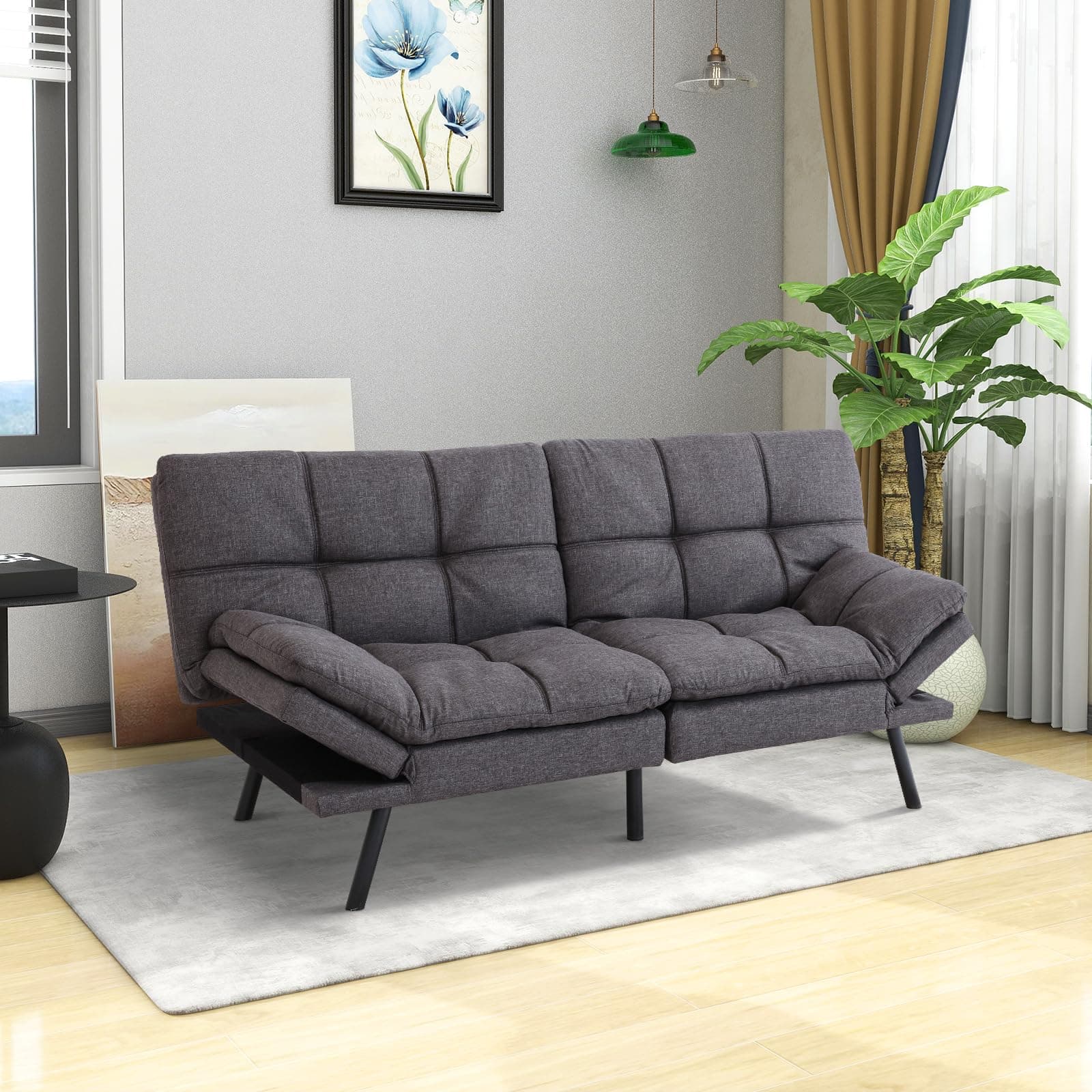 Memory Foam Futon Sofa Bed for Small Spaces - Dark Gray Fabric